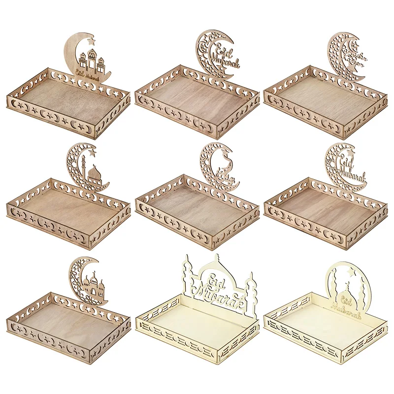 

EID Mubarak Decor Wooden Islamic Food Tray Ramadan Decoration for Home 2023 Eid Al Adha Muslim Party Supplies Wood Crafts