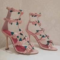 woman wedding roman fairy pink flower sandals ankle sexy buckle open toe sandals summer fashion female stiletto high heel shoes