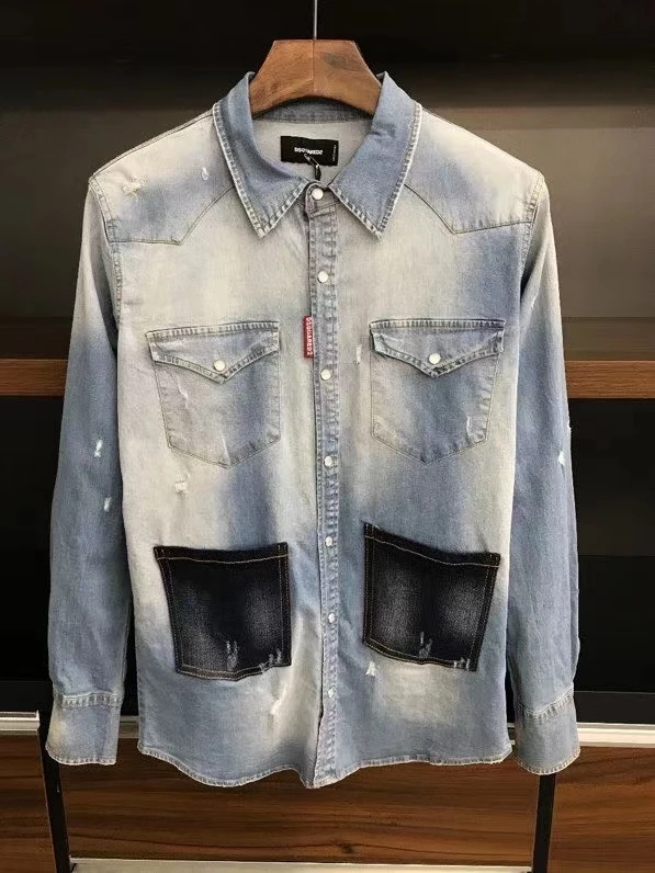 

2022 New Fashion Brand Dsquared2 Men's Retro Wear White Hole Motorcycle Suit Lapel Slim Denim Long Sleeves C11