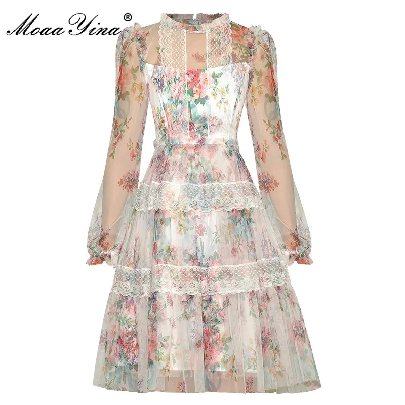 

Женское платье с цветочным принтом MoaaYina, летнее Сетчатое праздничное платье с длинным рукавом, вечерние платья