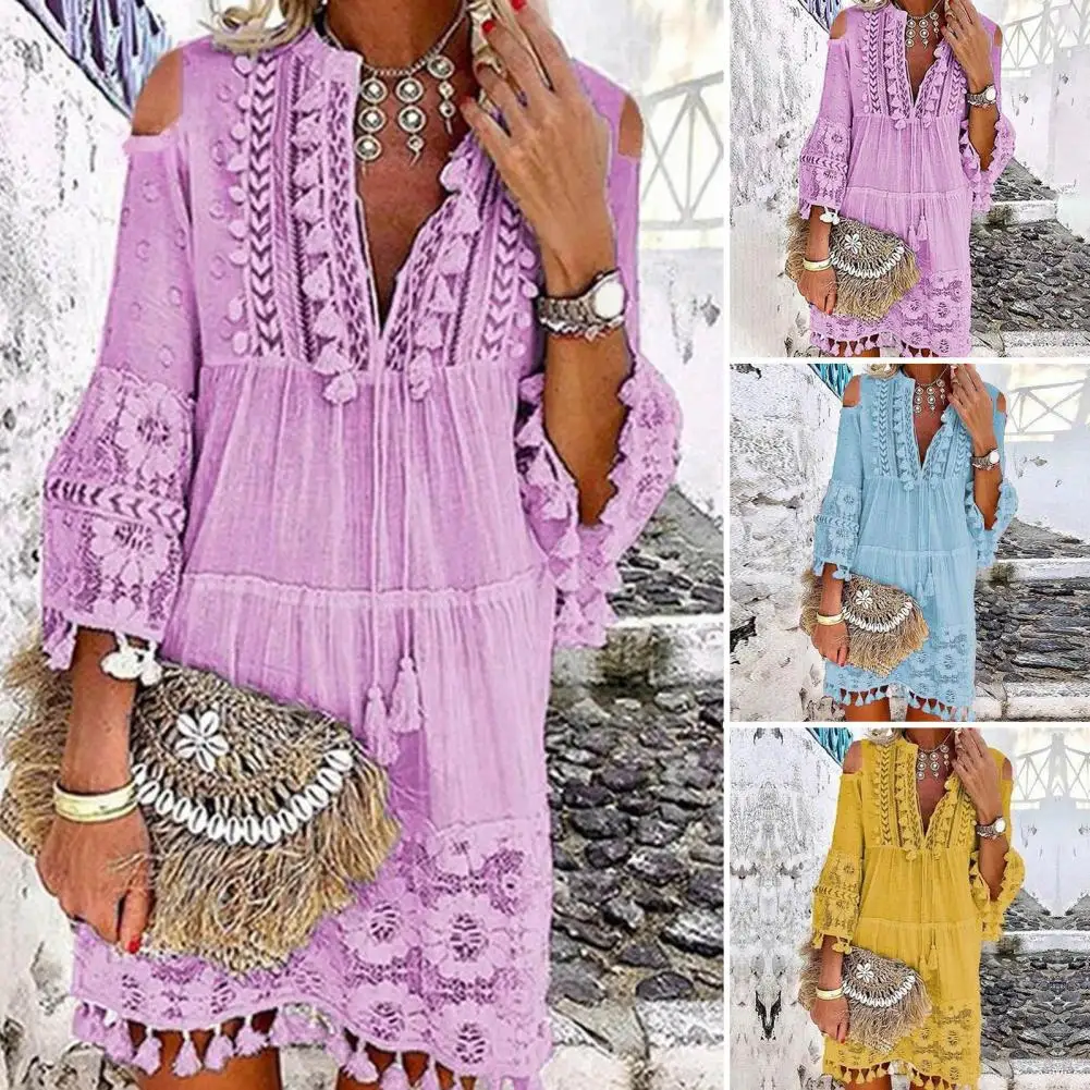 

V Neck 3/4 Sleeve Cold Shoulder Front Lace-up Boho Dress Retro Floral Print Casual Tassel A-line Loose Dress Female Clothing