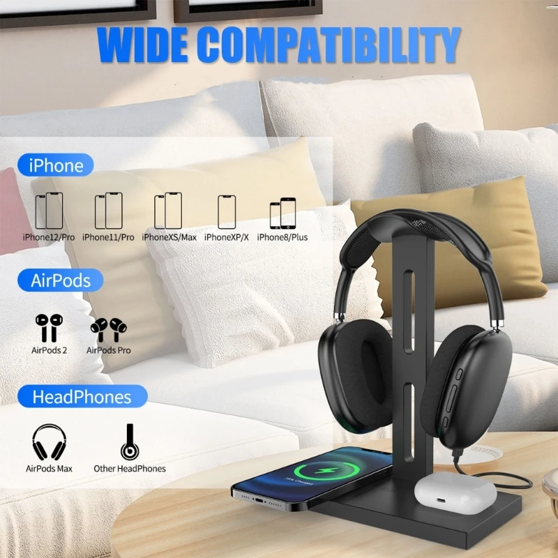 

Headphone Holder Stand 3 in 1 5W/7.5W/10W Charging Dock Station Fast Charger for Qi Cellphone Dual Output Headset Base