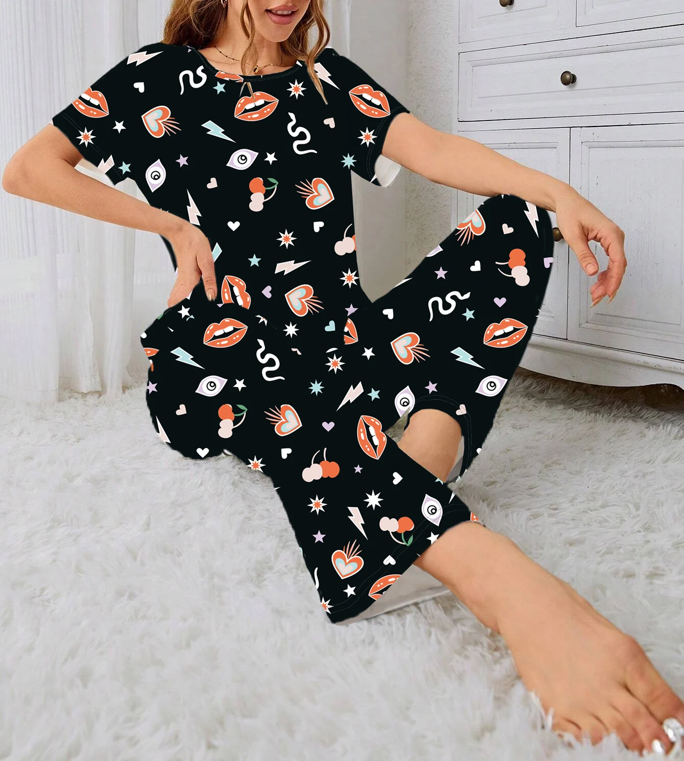 Женский пижамный комплект из двух предметов полиэстеровый топ с круглым вырезом