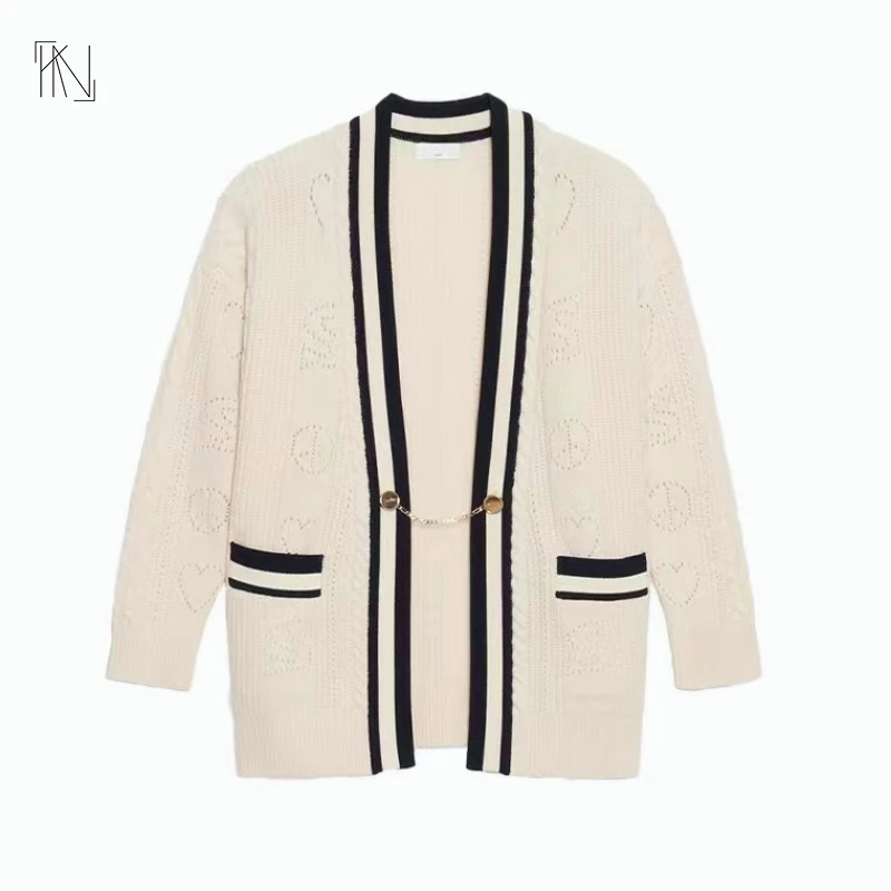 Collision Color Black and White Long-sleeved Cardigan for RUANDAI 2022 Summer New Micro Hollow Jacquard Loose Knit Sweater Women