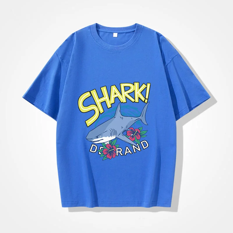 

2023Men's Mew Trend 100% Cotton T-shirt short sleeve men's Summer Round Neck breathable Anime Shark Printed Tops Tide streetwear