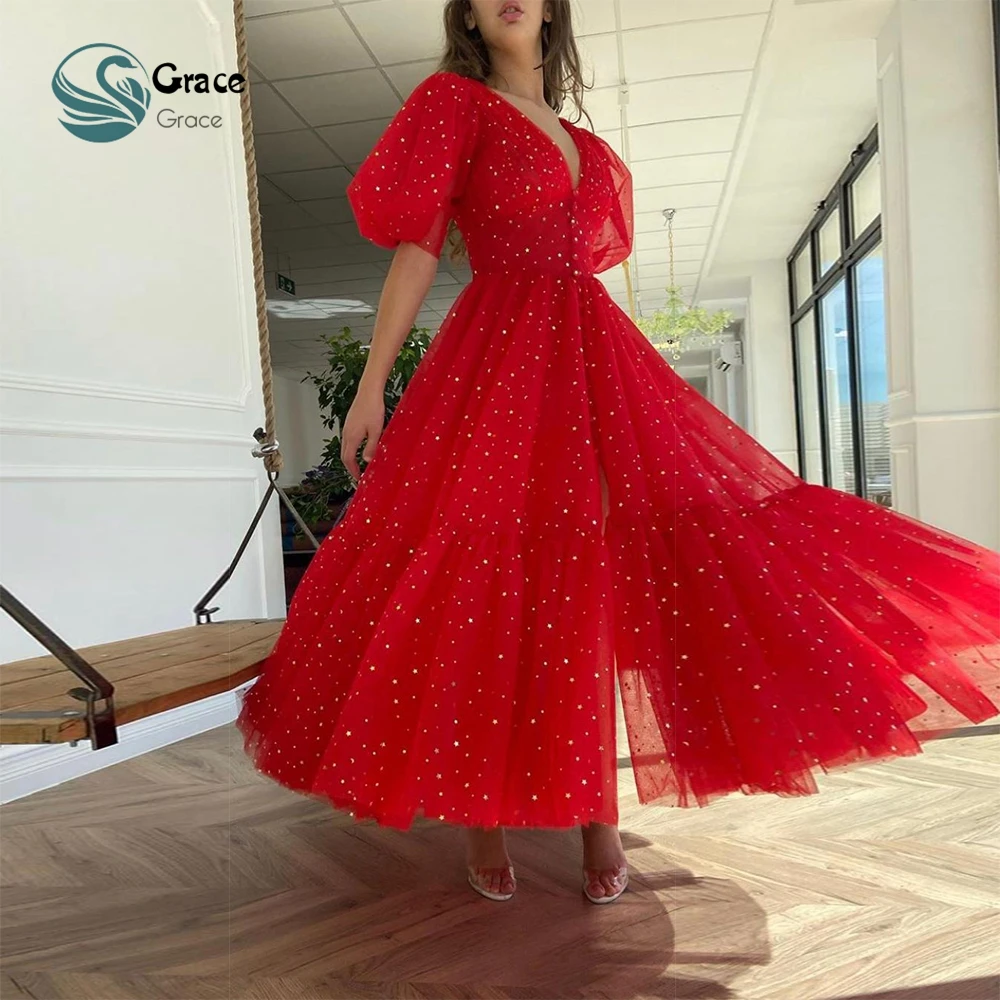 

Red Asymmetrical Prom Gowns Half Sleeve Glitter Modest Evening Dresses for Women 2023 New Spring Ankle Length Vestido De Noche