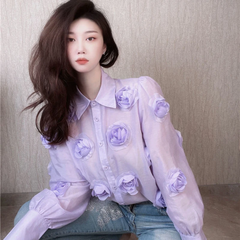 

Spring Lady 3D Roses Mesh Spliced Blouses Shirts Turn Down Collar OL Tie Flowers Cardigan Single-breasted Long-sleeved Blusas