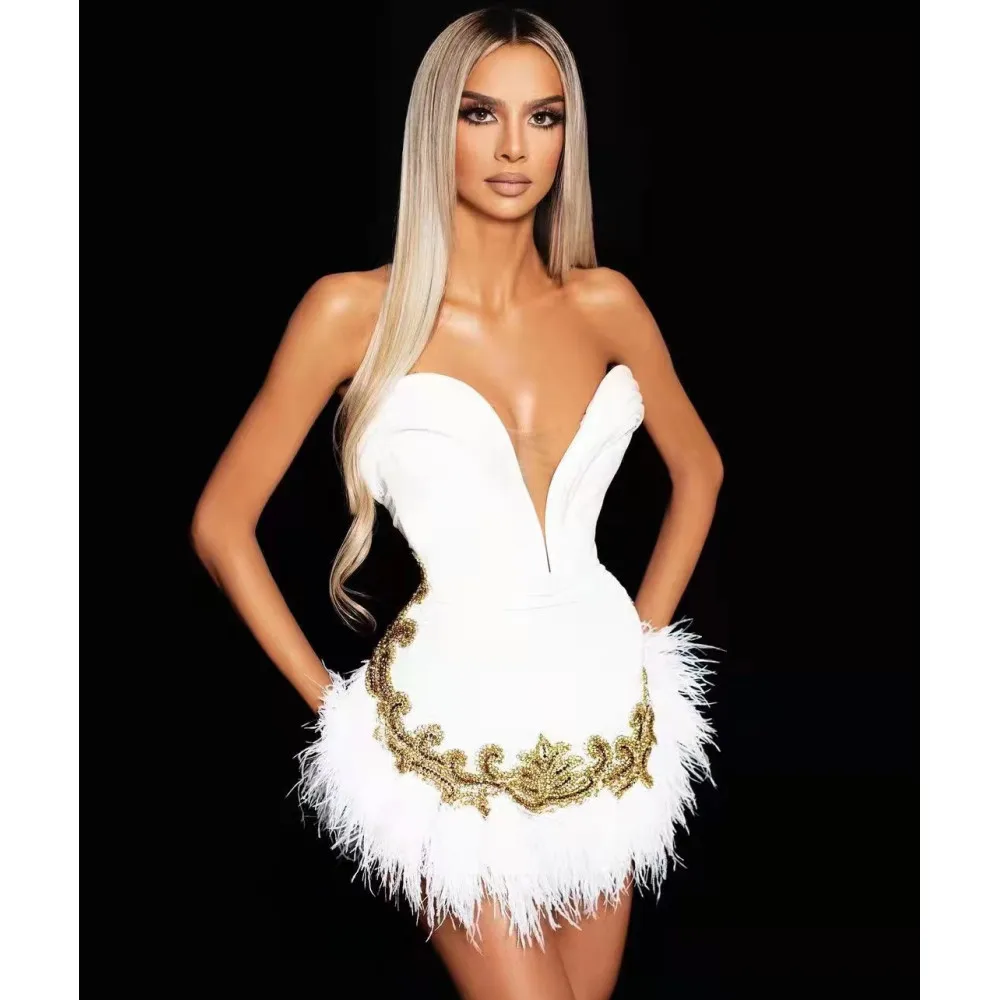 Luxury White Velvet Mini Short Bodycon Dress Women Deep V Neck Gold Beading Sequined Feather Hem Celebrity Evening Party Dress