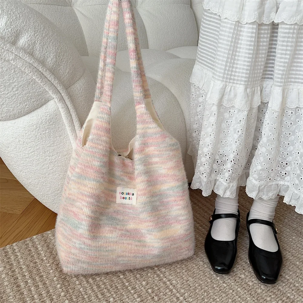 

Korean Plush Large Women's Shoulder Bag Fashion Fluffy Autumn Winter 2023 Female Handbag Fabric Tote Bag for Student BookBag