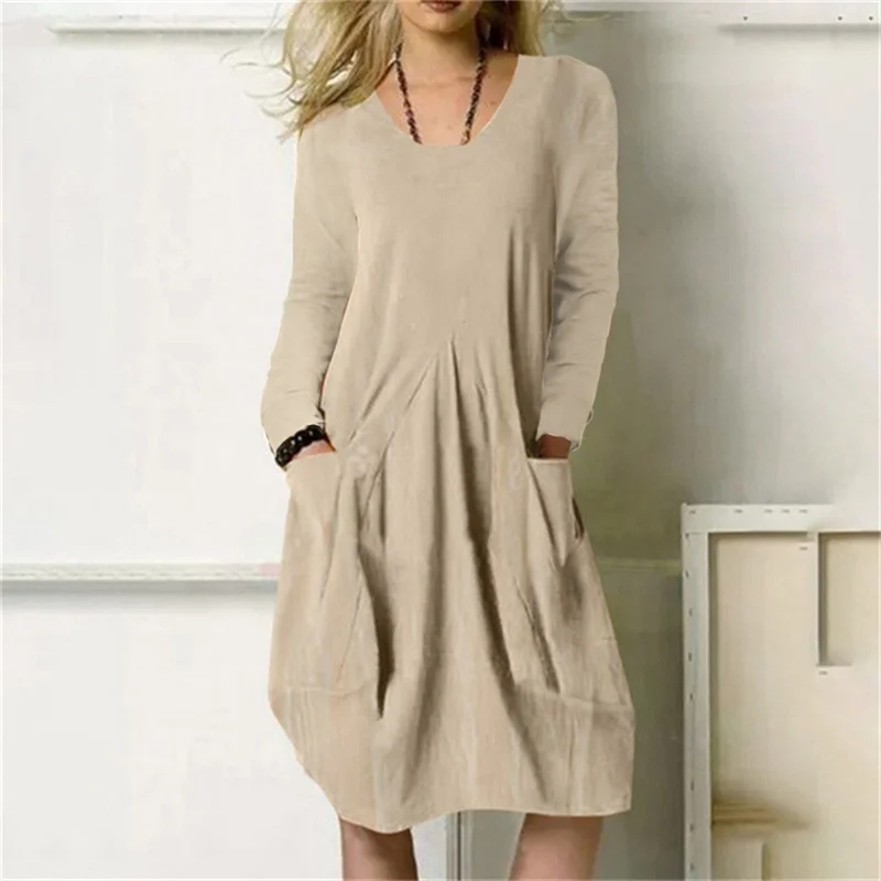 Купи Casual Solid Color Cotton Linen Dress Loose Waist Women Round Neck Pullover Long Sleeve Autumn Pocket Robe Lady Big Hem Dresses за 721 рублей в магазине AliExpress