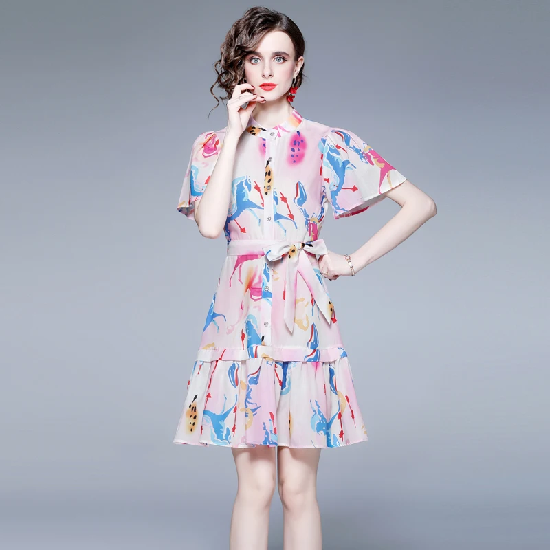 

Simgent Summer Mini Dress Women 2022 New Fashion Puff Sleeve A Line Ruffle Chiffon Print Dresses Vestidos Jurken SG23252