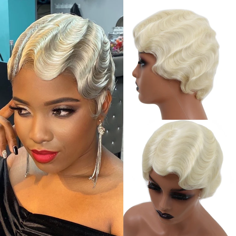 

613 Short Bob Human Hair Blonde Pixie Cut Wig Full Machine Made 1920’S Flapper Hairstyles Wig Finger Wave Retro Style On Sale