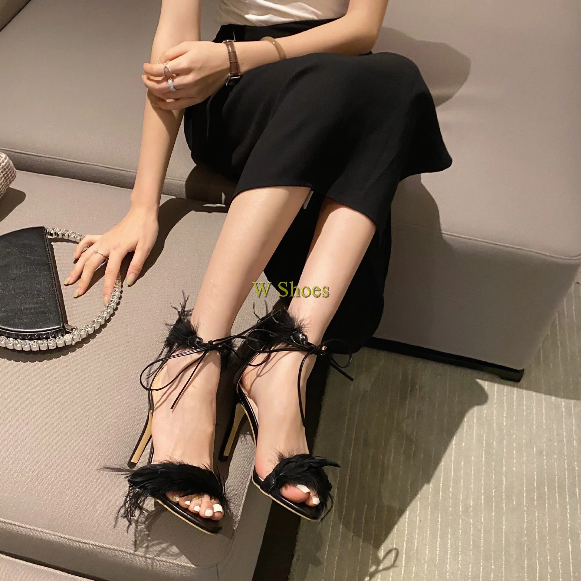 Сандалии на шпильке 11 5 см с перьями и ремешком щиколотке женские туфли открытым