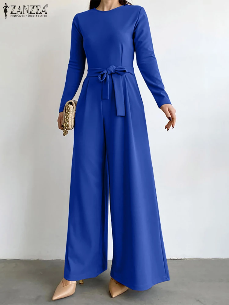 

ZANZEA Fashion Wide Leg Pants Overalls Women Long Sleeve Casual O-neck Belted Long Rompers Elegant Classy Ladies Party Jumpsuits