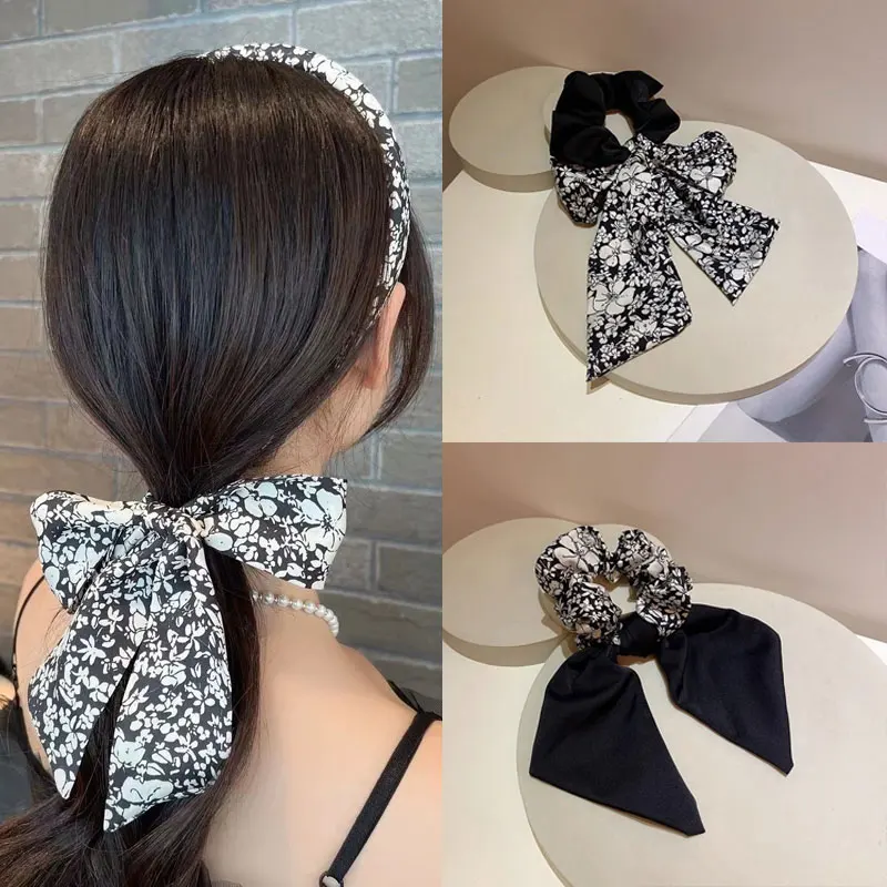 

Hot Black And White Floral Bow Hair Rope Girl Hairbands Simple Woman's Aristocratic Rubber Ties Hair Hoop Fashion New Headdress