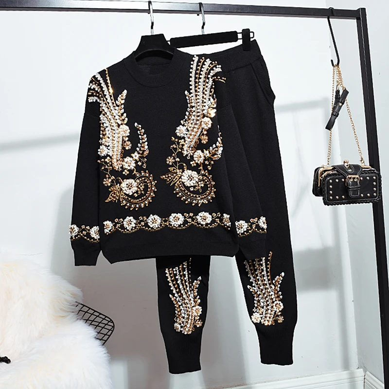 

Spring Autumn Women Two-piece Set Beading Sequins Embroidery Pullover Knitted Sweater Top + Casual Harem Pants Female Suits