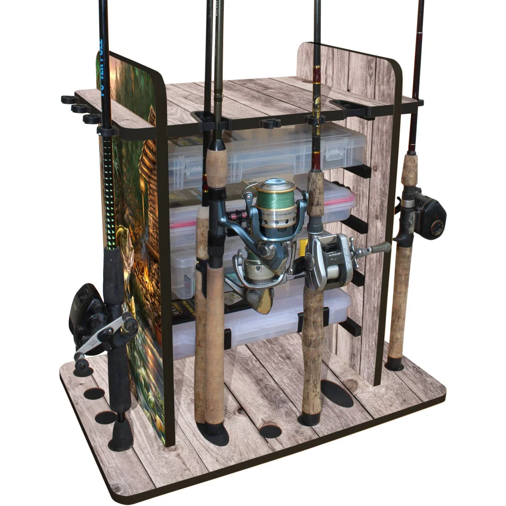 

Rush Creek Creations 14 Fishing Rod Rack with 4 Utility Box Storage Capacity & Dual Rod Clips - Features a Sleek Design