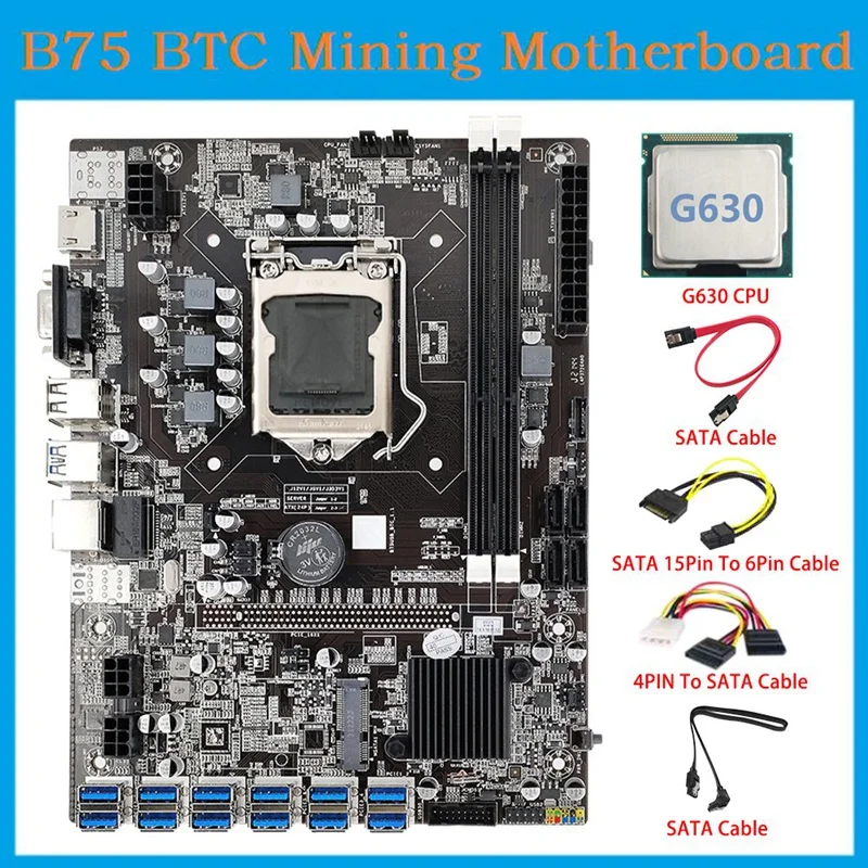 B75 ETH Mining Motherboard 12 PCIE To USB LGA1155 DDR3 SATA 15Pin To 6Pin Cable+4PIN To SATA Cable+G630 CPU B75 Mining