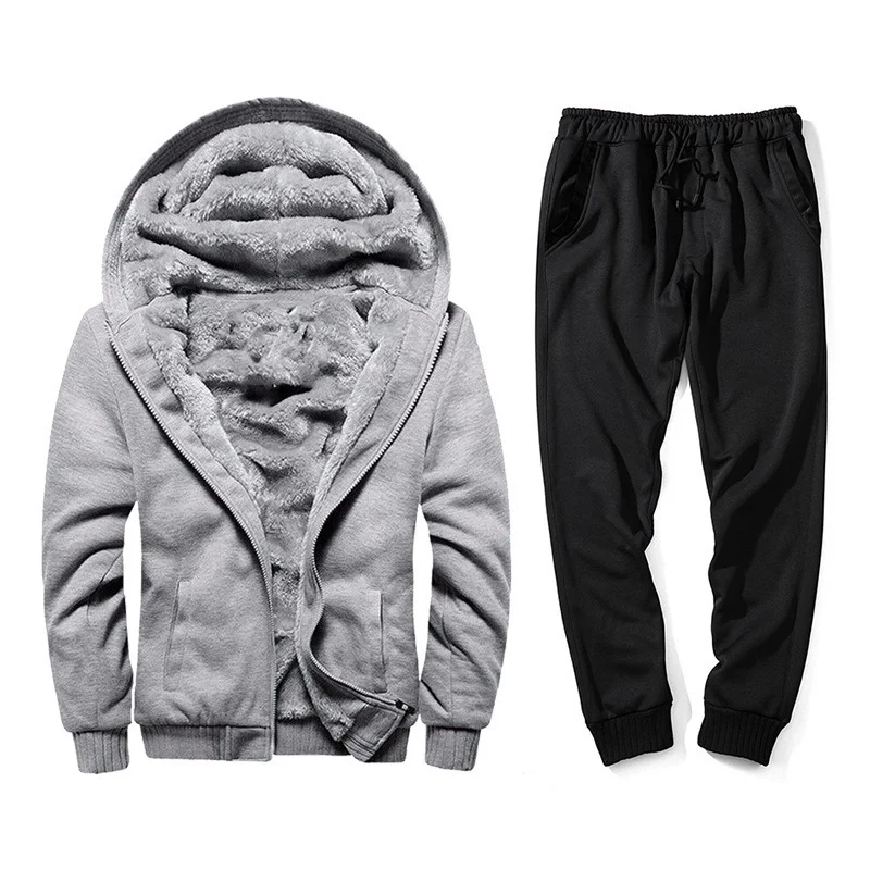

Men Sports Suit Spring Autumn Plush Warm Hooded Jacket Lace-up High Waist Pencil Pants Suit Streetwear Loose Two-Piece Suit