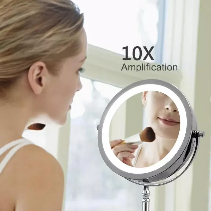 

NEW2023 7 Inch 10x Magnification Circular Makeup Mirror Dual Sided LED 360 Degree Rotating Cosmetic Mirror Stand Magnifier