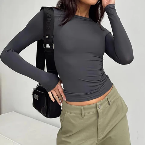 Женская футболка с длинным рукавом Y2K, повседневная женская футболка с круглым вырезом, базовый облегающий однотонный облегающий пуловер, футболки, уличная одежда