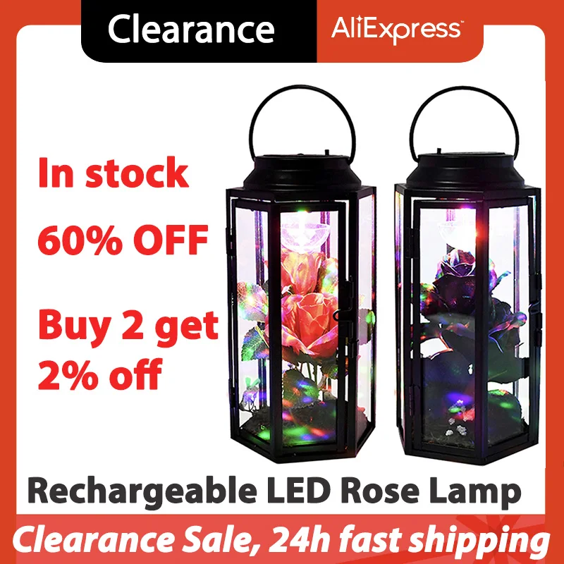 

Rechargable LED Rose Wind Lamp with Rose in Glass Dome and Metal Frame 31*11cm Ornament Gift for Valentine's Day Wedding