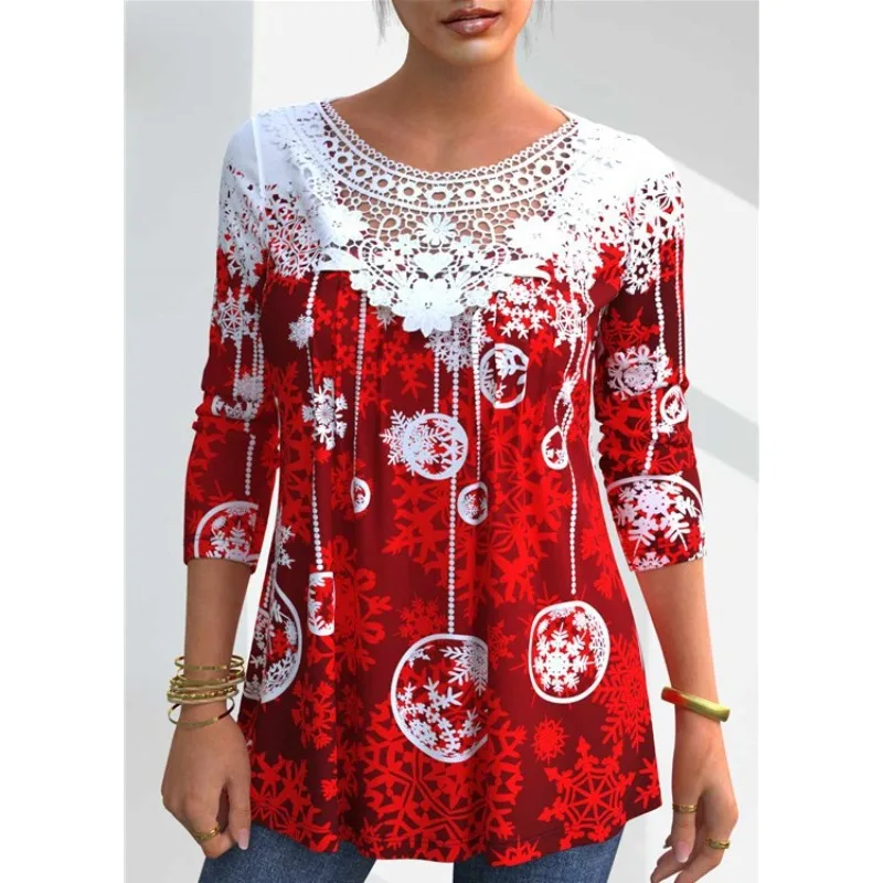 

Snowflake Printed Lace Stitched T-shirt Autumn Women Casual O-Neck Long Sleeve Pullover Tops Fashion Street Party Tshirt Tees