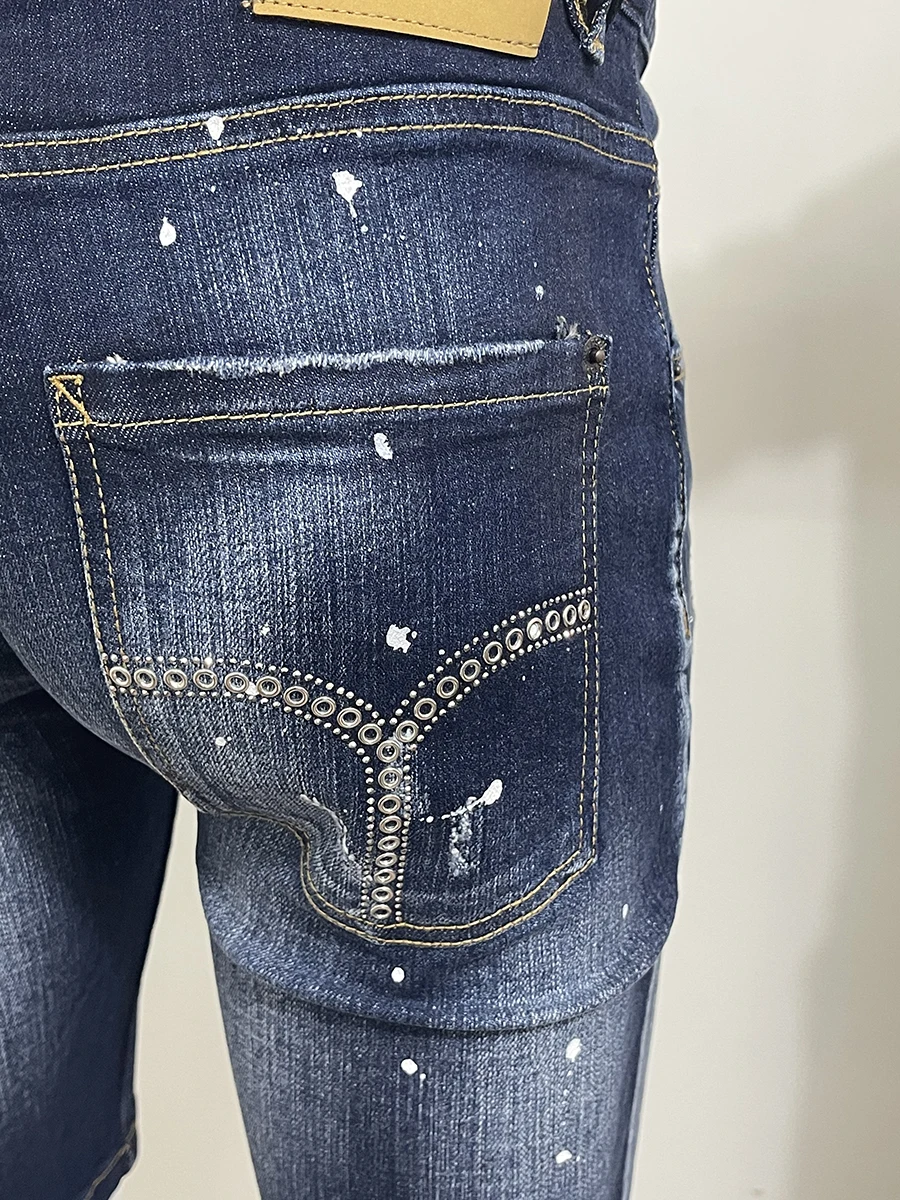 2023SS new summer Jean Shorts Man D 2 Jeans Fashion Deep Blue Hole Patch Tide micro-bounce five points