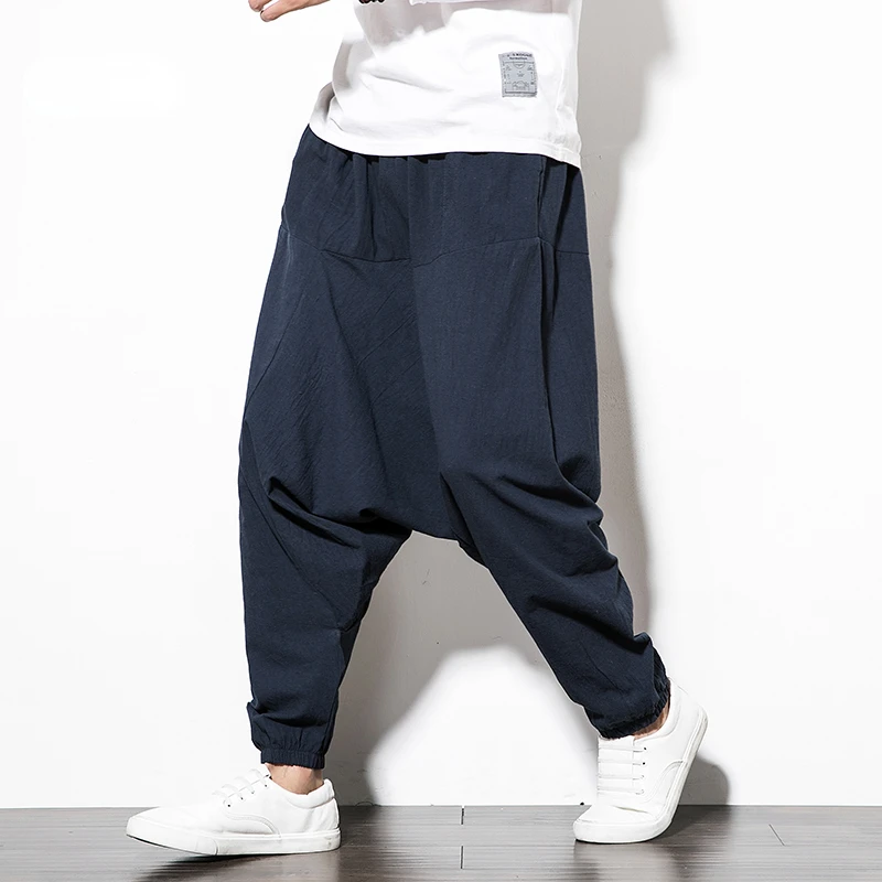 

Cotton Linen Cross-Pants Japanese Harajuku Loose Joggers Trousers Hip Hop Harem Pants Wide Leg Baggy Pants Big Size
