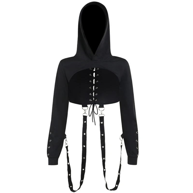 

Women Gothic Long Sleeve Top Sexy Slim Hollow Out Blouse Black Hoodies Top Rave Festival Sweatshirt Black Bandage Belt