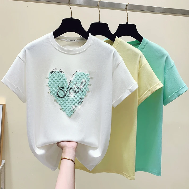 

Girl Summer Tees 2022 New Women O-Neck Short Sleeve Diamonds Love Pattern T-Shirt All-Match Casual T Shirt