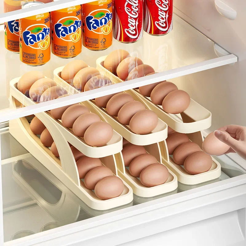 

2/1pc New Automatic Rolling Egg Holder Fridge Egg Storage Box Egg Container Kitchen Anti Drop Egg Dispenser Fridge Organizer