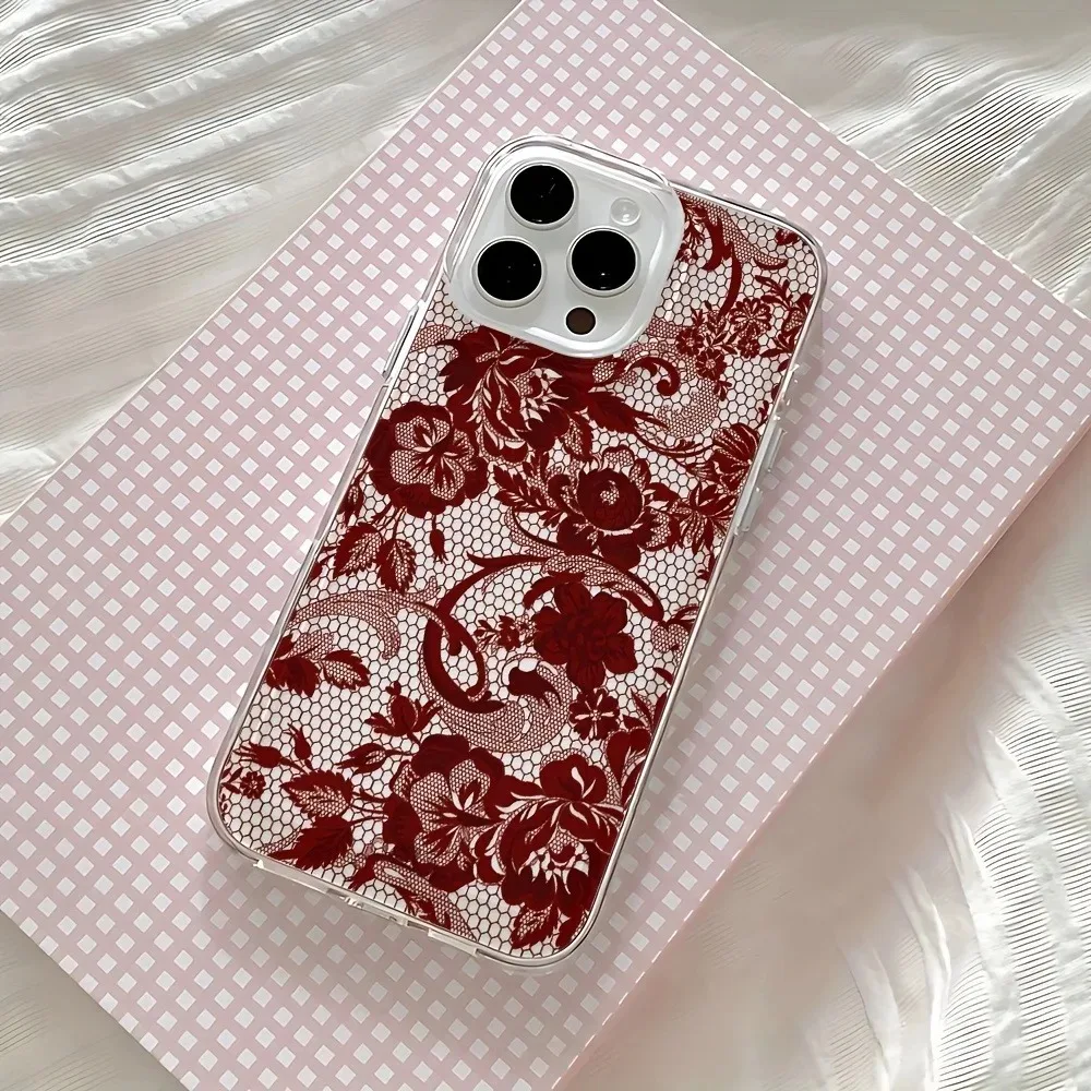 Фото Красный матовый чехол для телефона с кружевным дизайном для Oppo Reno15 Reno14 Reno13 Reno12 Reno11 Reno10 Reno8 Reno7 Reno6 F Z Pro 5G, прозрачный ТПУ №3