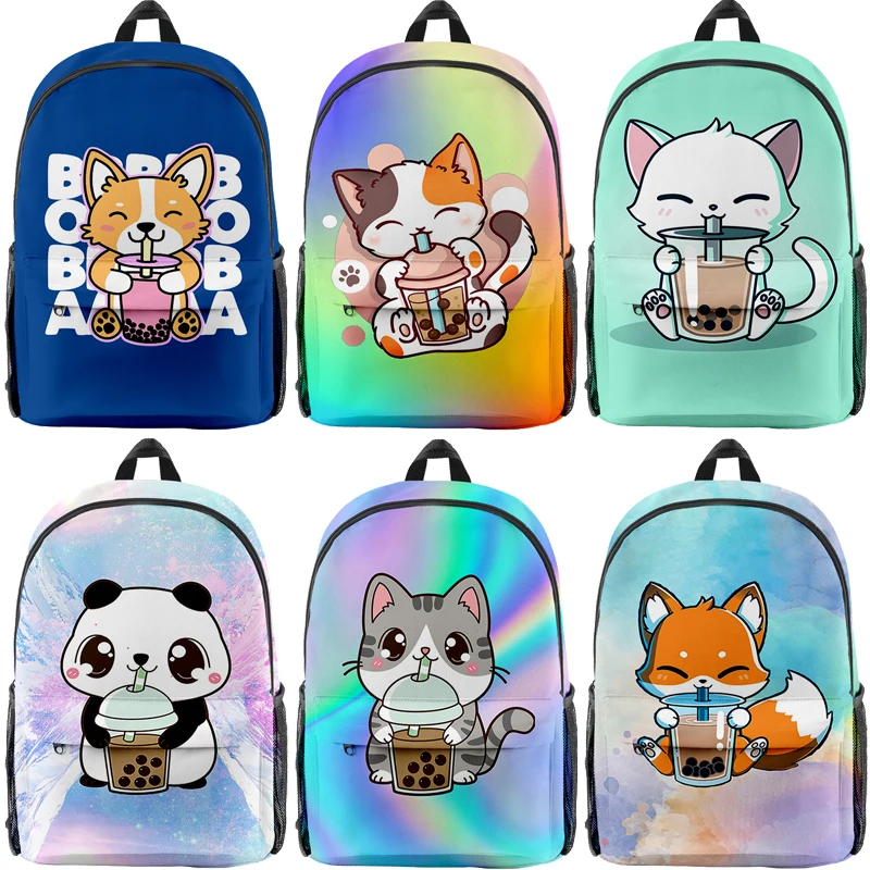 

Boba Tea Animals Backpack Cute Cat Fox Panda School Bag Children Backpacks Boys Girls Cartoon Bookbag Zipper Knapsack Mochilas