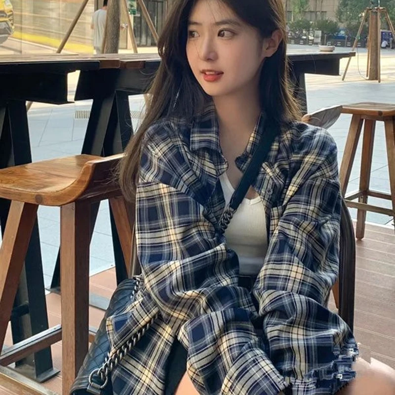 Темно-синие клетчатые блузки Женская мода с длинным рукавом Однобортная