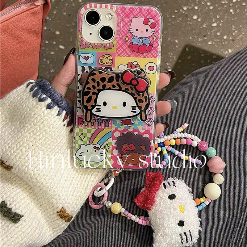 

Kawaii Sanrio аниме Hello Kitty ТПУ искусственная Милая мультяшная леопардовая печать нишевая милая плюшевая подвеска все включено для девочек