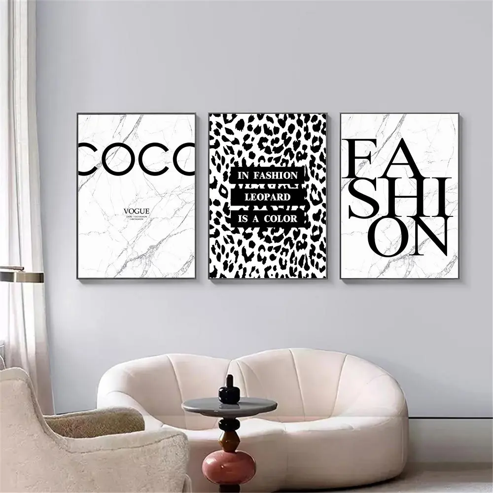 

Fashion Quotes Marbling Wall Art Poster and Print Black White Leopard Print Canvas Painting Modern Pictures Living Room Decor
