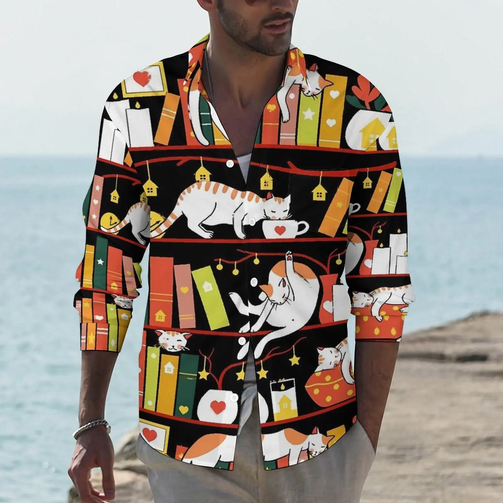 

Повседневные рубашки с изображением библиотеки и кошек, Мужская Осенняя цветная версия рубашки с длинным рукавом, крутые блузки Y2K, Осенний индивидуальный Топ, приблизительно 4XL