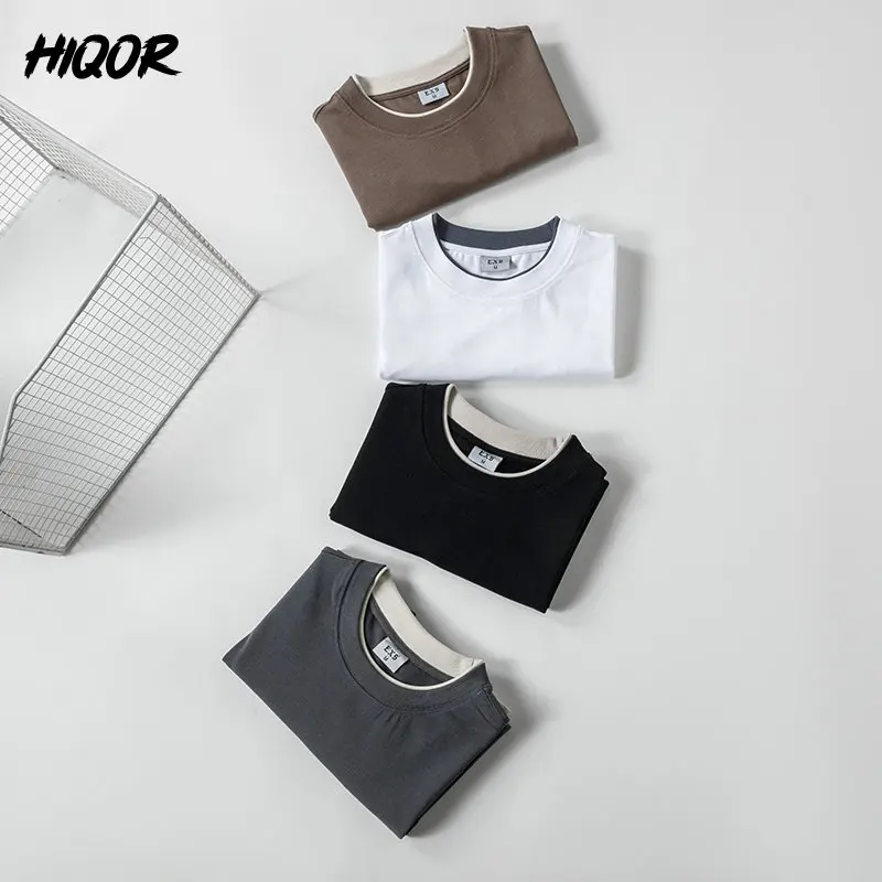 

HIQOR Fake Two Piece 100% Cotton Tops Fashion Casual Comfortable Loose Short Sleeves Tshirts Men's High Quality Oversized Tees