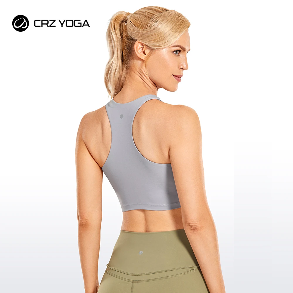 

CRZ YOGA Women's High Neck Longline Sports Bra Racerback Wirefree Padded Crop Tank Top Yoga Bra