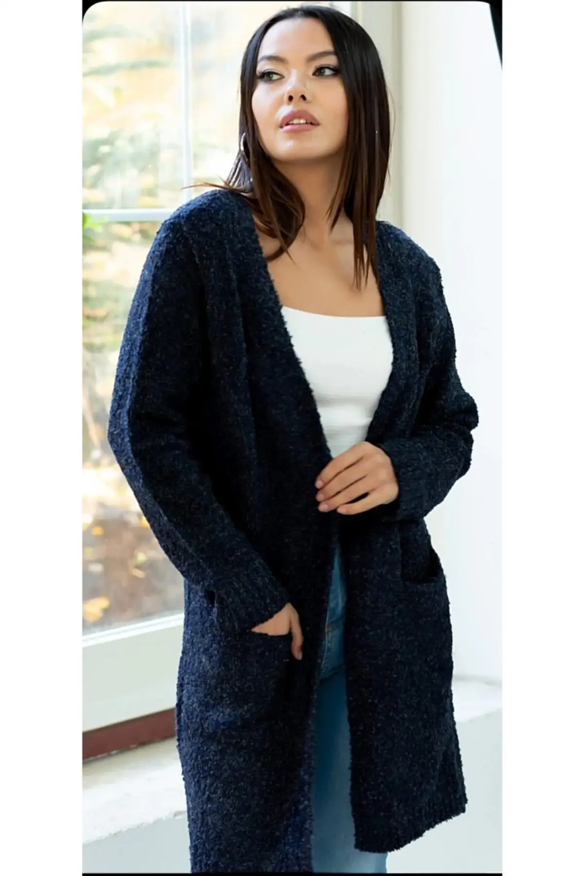 

Женский кардиган с карманами, длинный светло-синий Повседневный вязаный качественный кардиган, свободный свитер, свитер, джемпер