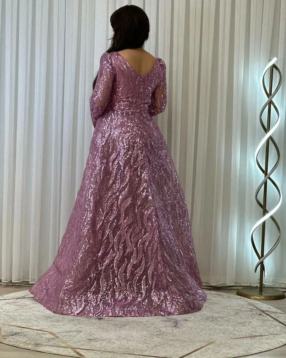 Abito Da Ballo Da Donna Viola Elegante Personalizzato Felice Con Scollo A O Manica Lunga Motivo Ondulato Paillettes Vestidos De Festa Abito Da Sera
