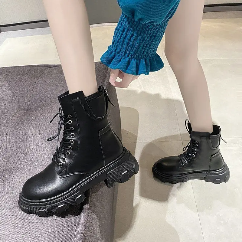 2022 Autumn New Lace Retro Motorcycle Boots Women British Thick Heel Platform Boots Women Shoes PU Round Toe Ankle Boots Winter