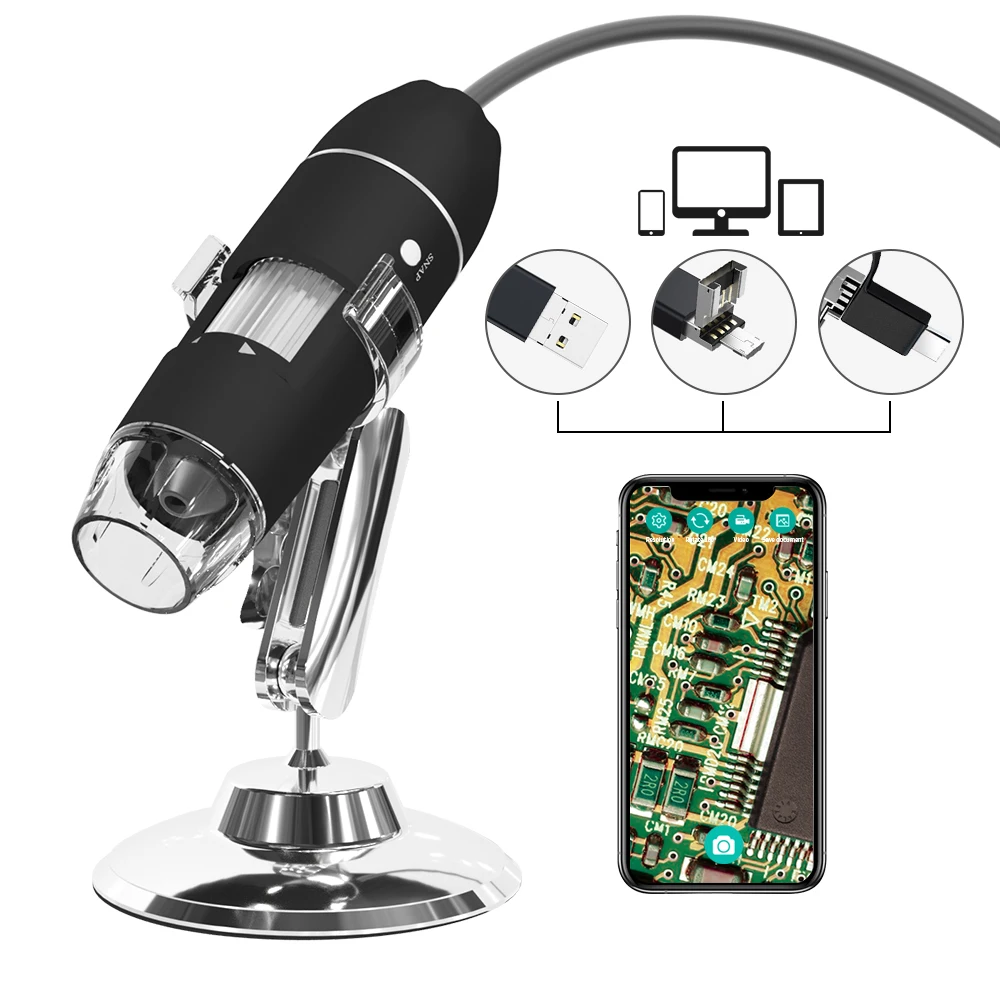 

Цифровой микроскоп, мини-камера с 1000-кратным увеличением, 8 светодиодов, USB, с OTG адаптером и металлической подставкой, для Windows и Android