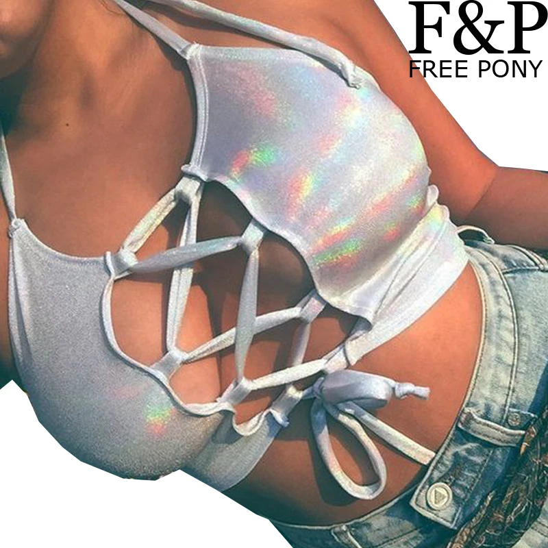 

Silver Holographic Women Crop Top Rave Festival Top Clothes Outfits Unicorn Laser Hologram Foil Fabric Lace Up Women Tank Top