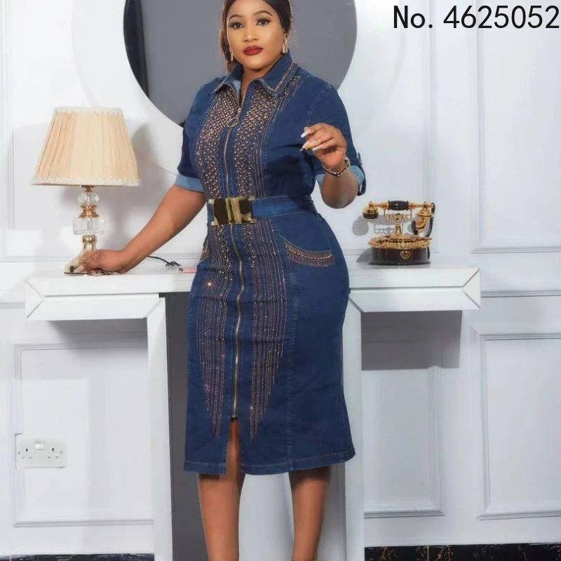 

Elastic Denim Long Maxi Dress African Dinner Dresses for Women Beaded Abaya Dubai Dashiki Vetement Femme 2022 African Clothes