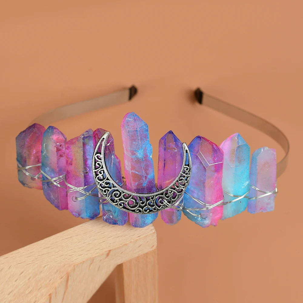 

Princess Wedding Crown Moon Quartz Crystal Stone Hair Band Tiara Witch Point Pendants Mermaid Bridal Hair Accessories Headpiece