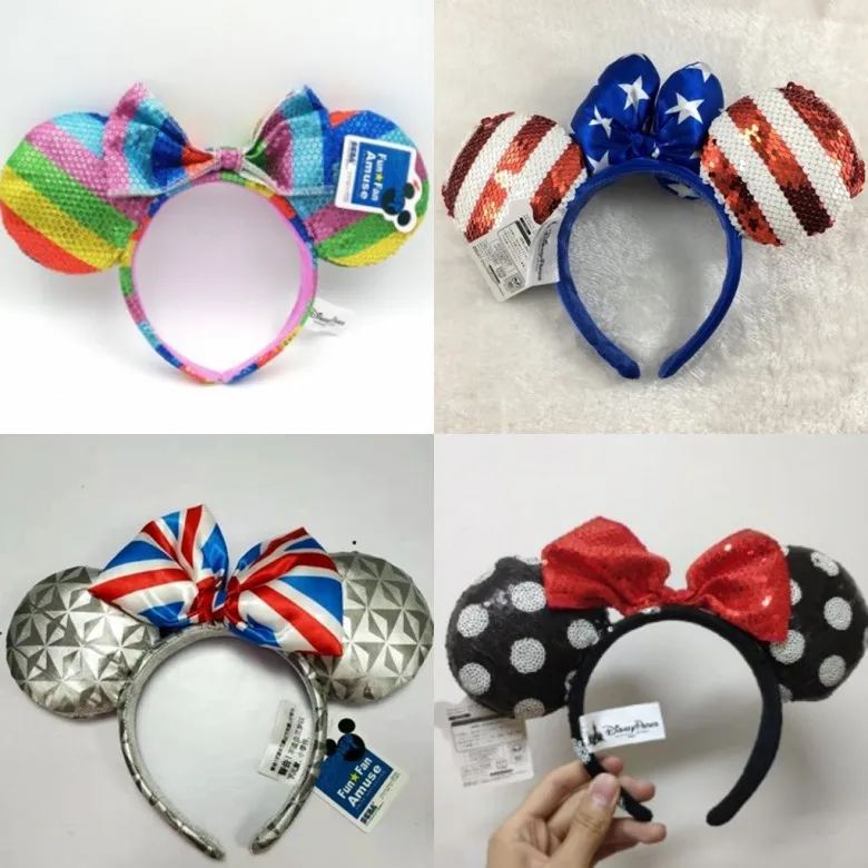 

2022 Cartoon Minnie Ears Headband Mermaid princess Big Sequin Bows Peter Pan Cosplay Hairband Disneyland Letter Headband Gift