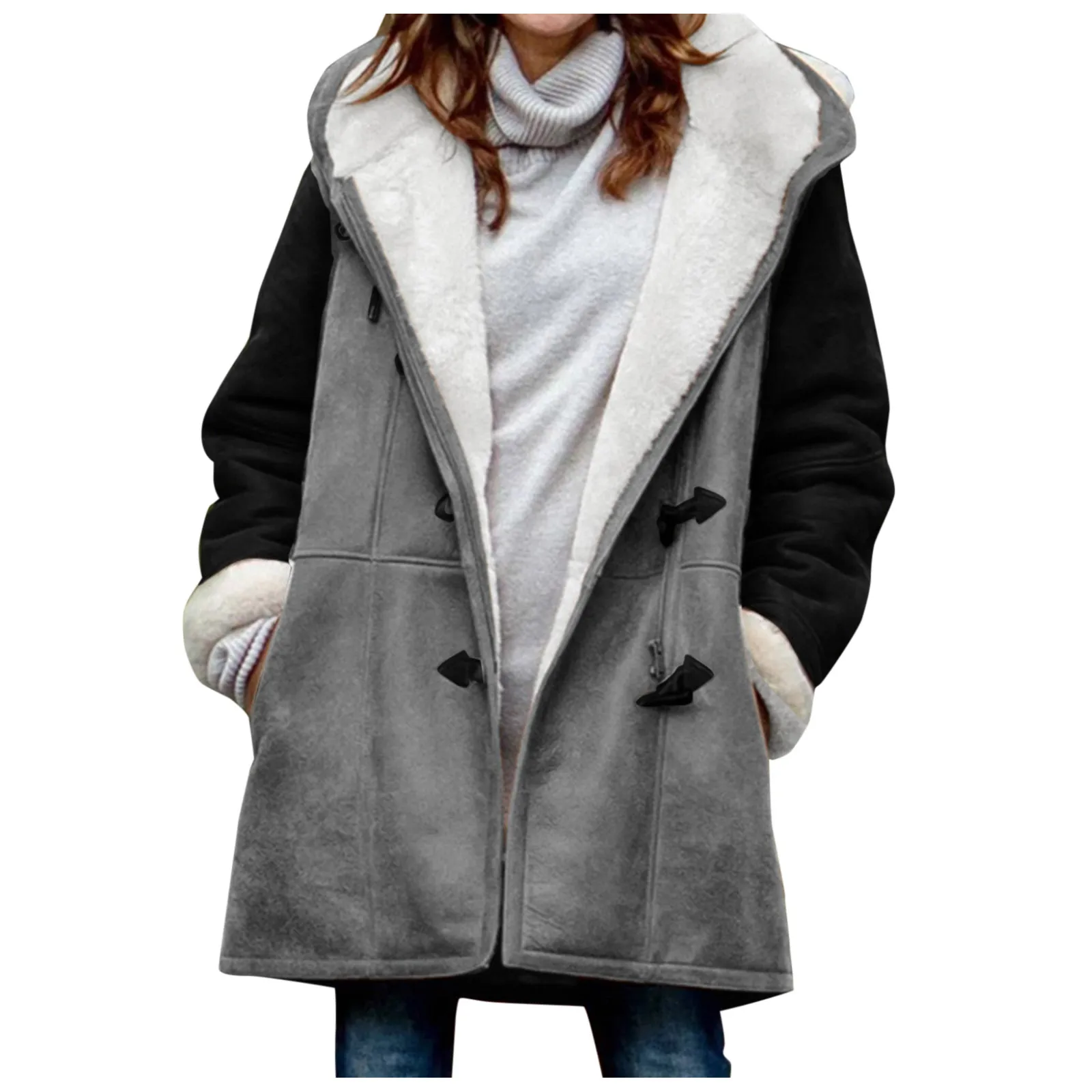 

Women Winter Coat Plus Size Patchwork Plus Velvet Coat Long Sleeve Horn Buckle Pockets Overcoats halter top t shirt women