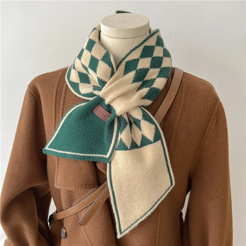

Зеленый Яркий вязаный женский шарф в клетку роскошный Теплый зимний шейный галстук новый дизайн эластичные узкие шарфы Bufanda фуляр